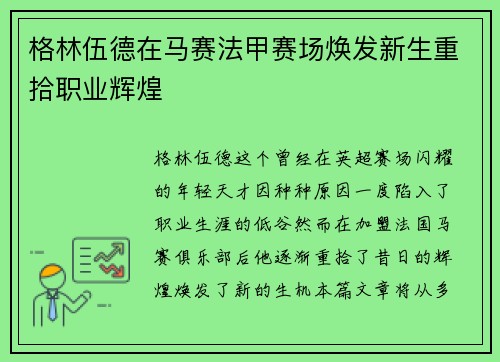 格林伍德在马赛法甲赛场焕发新生重拾职业辉煌